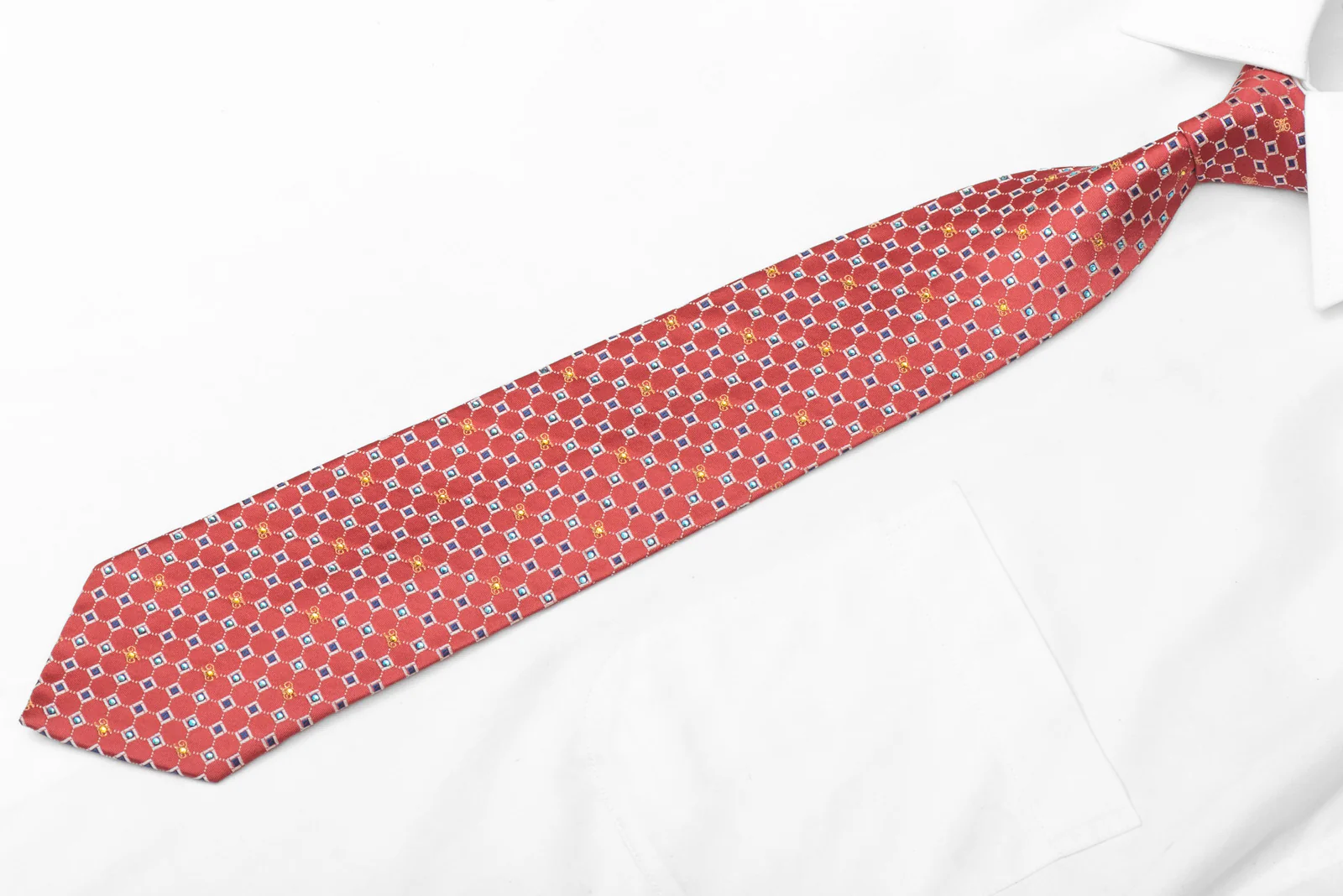 Silver Blue Geometric Squares On Red Rhinestone Tie With Gold Sparkles - Image 3