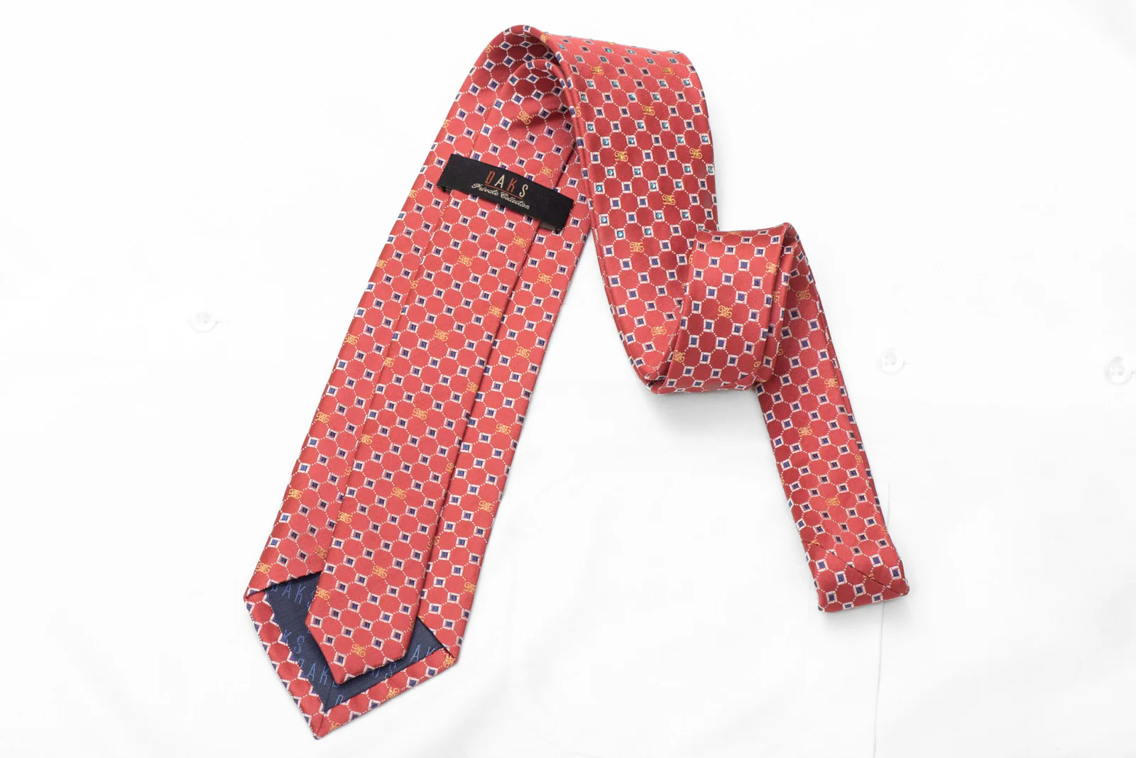 Silver Blue Geometric Squares On Red Rhinestone Tie With Gold Sparkles - Image 4
