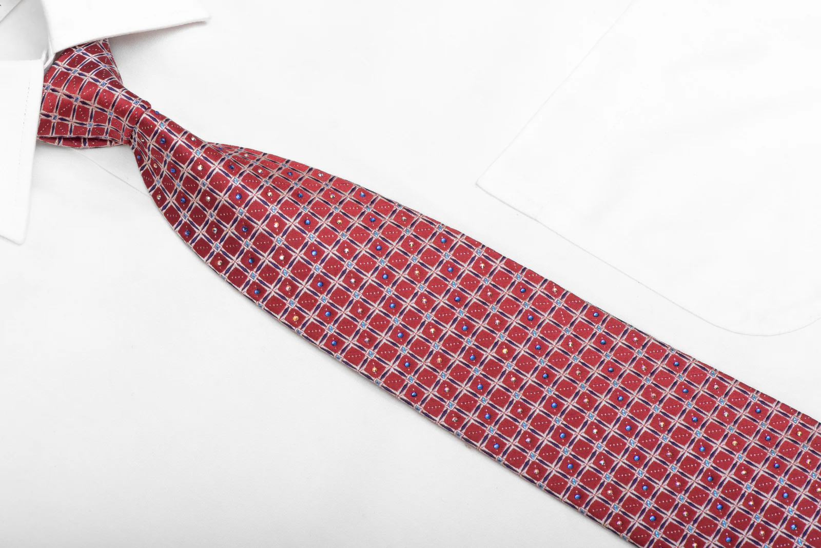 Blue Silver Trellis On Burgundy Rhinestone Silk Necktie With Silver Sparkles - Image 2