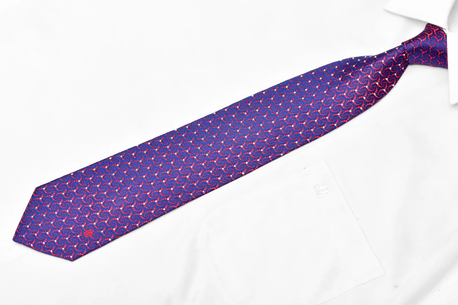Red Geometric On Blue Rhinestone Silk Tie With Sparkles - Image 2