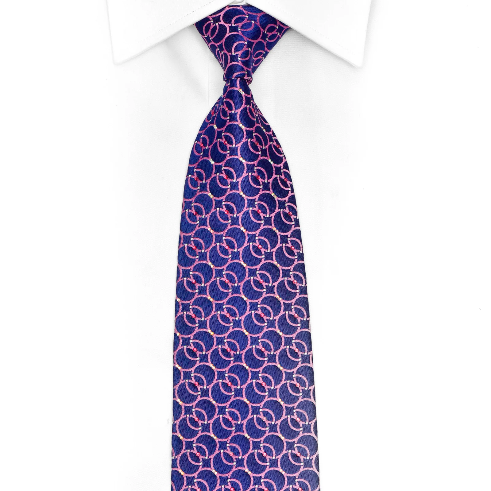 Pink Interlocking Circles On Blue Rhinestone Tie With Sparkles