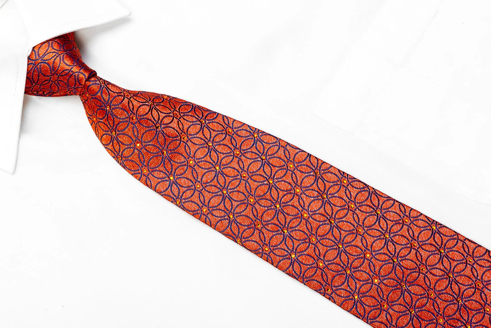Blue Interlocking Circles On Orange Crystal Rhinestone Silk Tie - Image 2