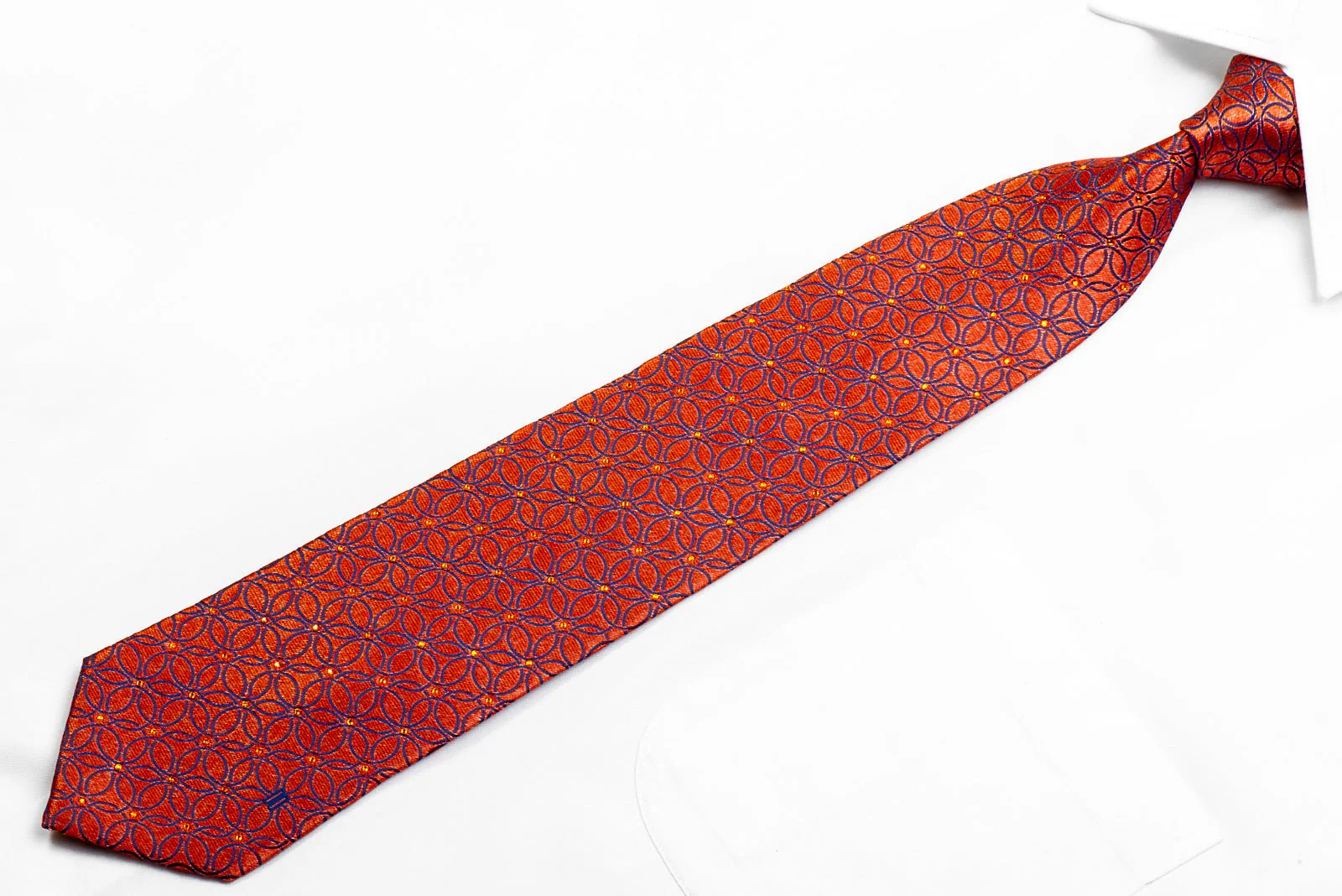 Blue Interlocking Circles On Orange Crystal Rhinestone Silk Tie - Image 4