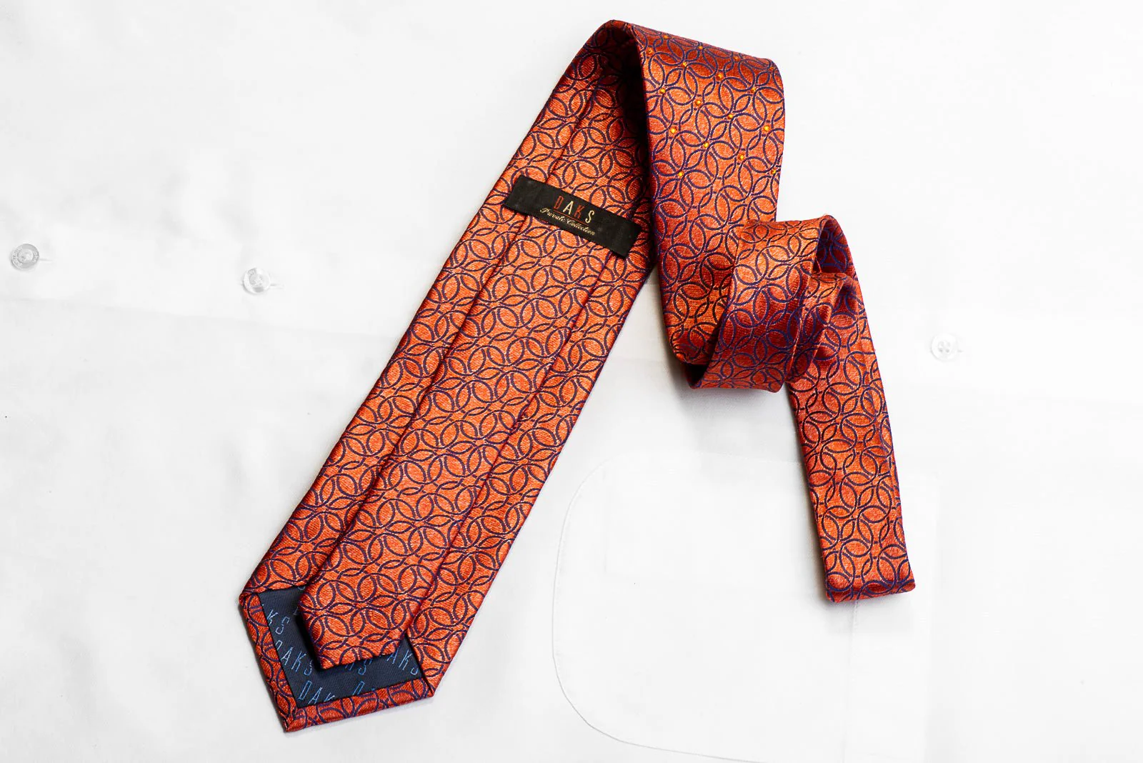 Blue Interlocking Circles On Orange Crystal Rhinestone Silk Tie - Image 5