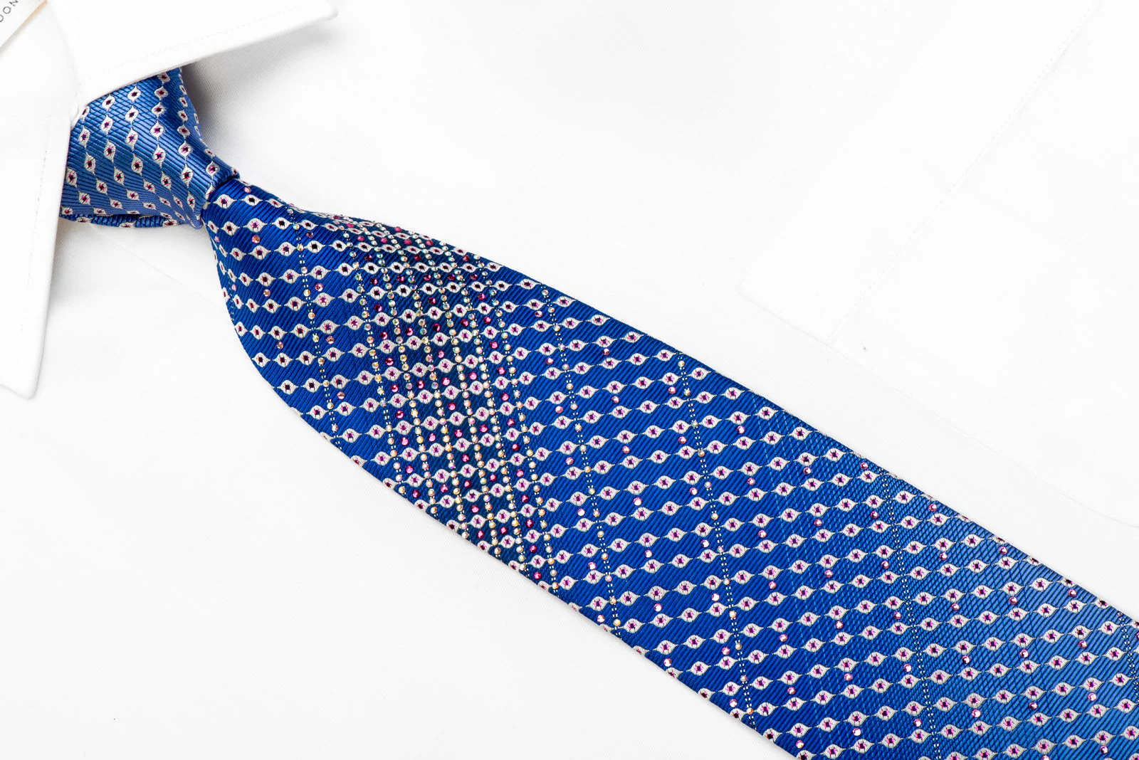 Silver Geometric On Blue Crystal Rhinestone Silk Tie With Purple Sparkles - Image 2