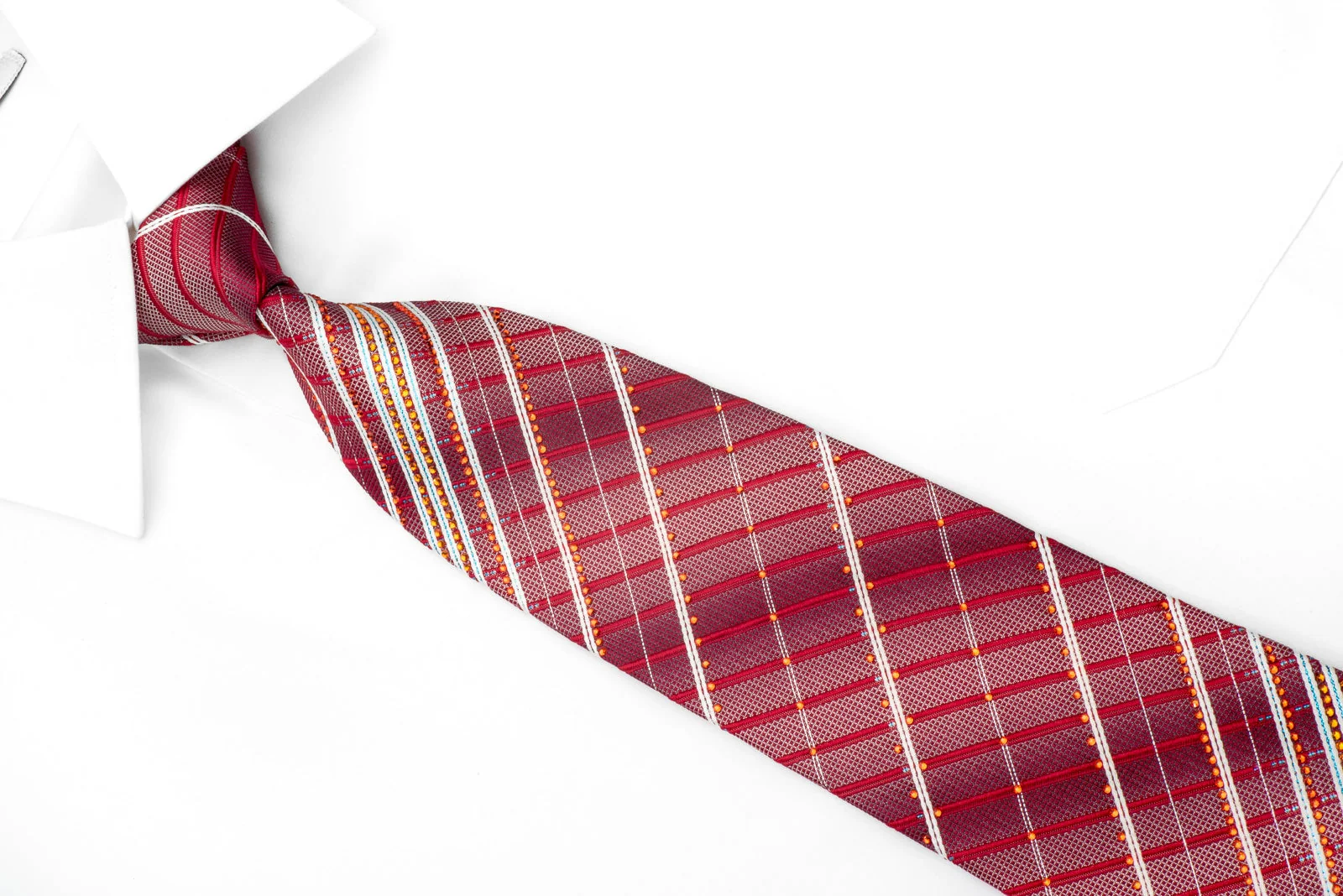 Daks Men's Crystal Necktie Silver Striped On Red Silk With Blue Sparkles - Image 2