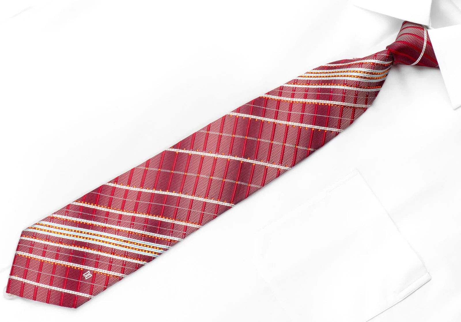 Daks Men's Crystal Necktie Silver Striped On Red Silk With Blue Sparkles - Image 3