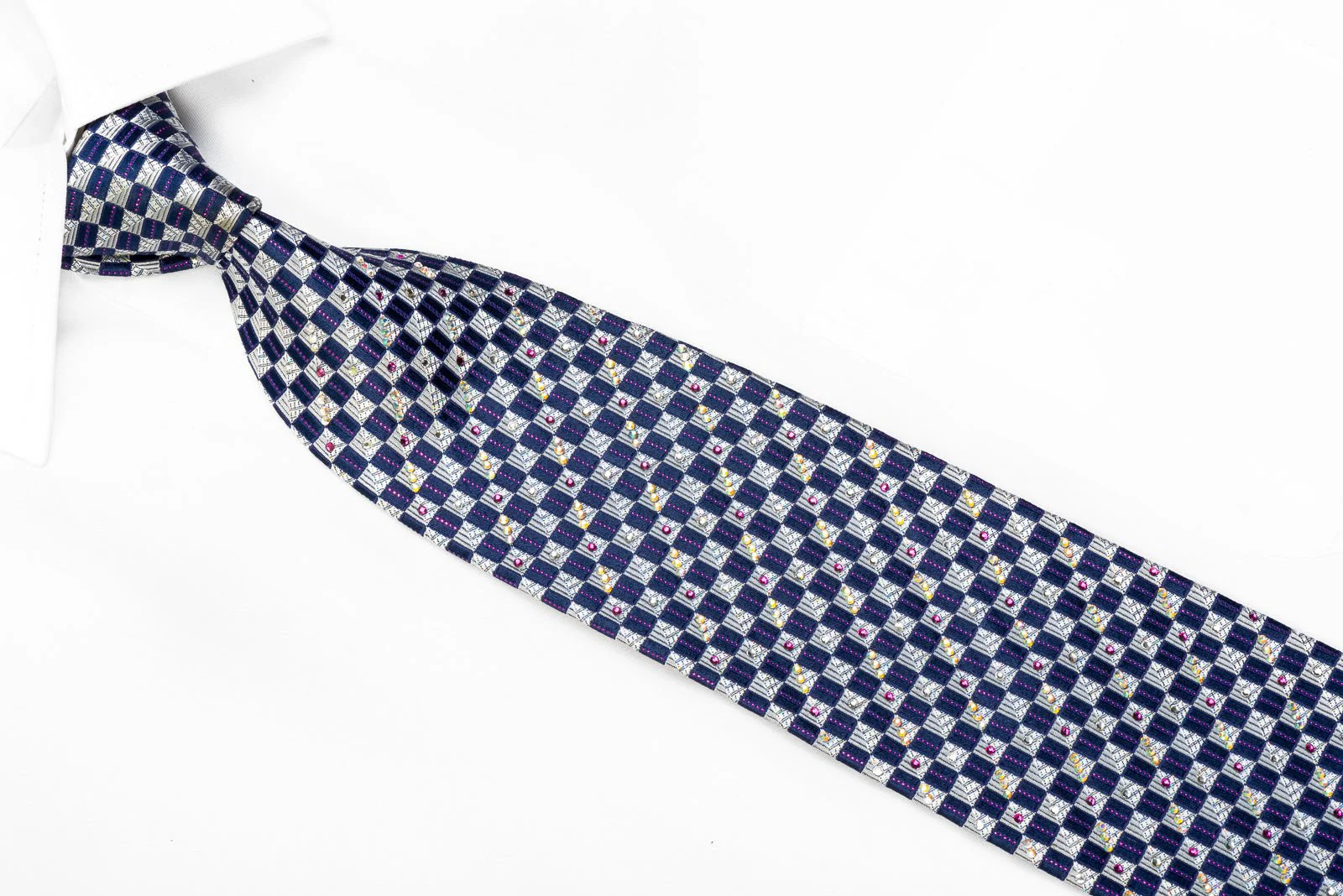 Daks Men's Crystal Rhinestone Necktie Blue Silver Checkered With Purple Sparkles - Image 2
