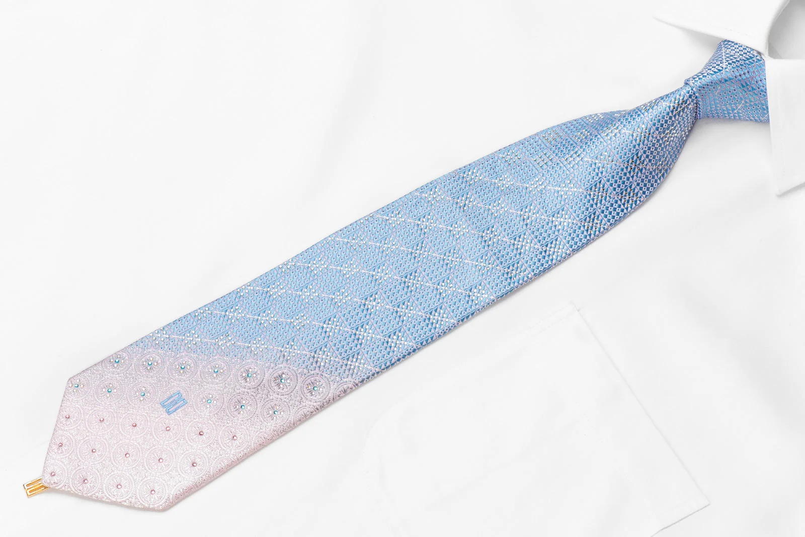Daks Men's Crystal Silk Necktie Blue Pink Micro Checker With Silver Sparkles - Image 4
