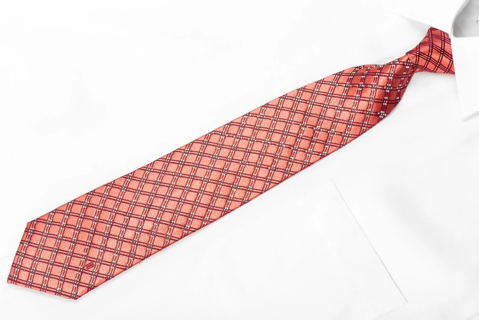 Daks Men's Crystal Silk Necktie Checkered On Pink With Silver Sparkles - Image 4