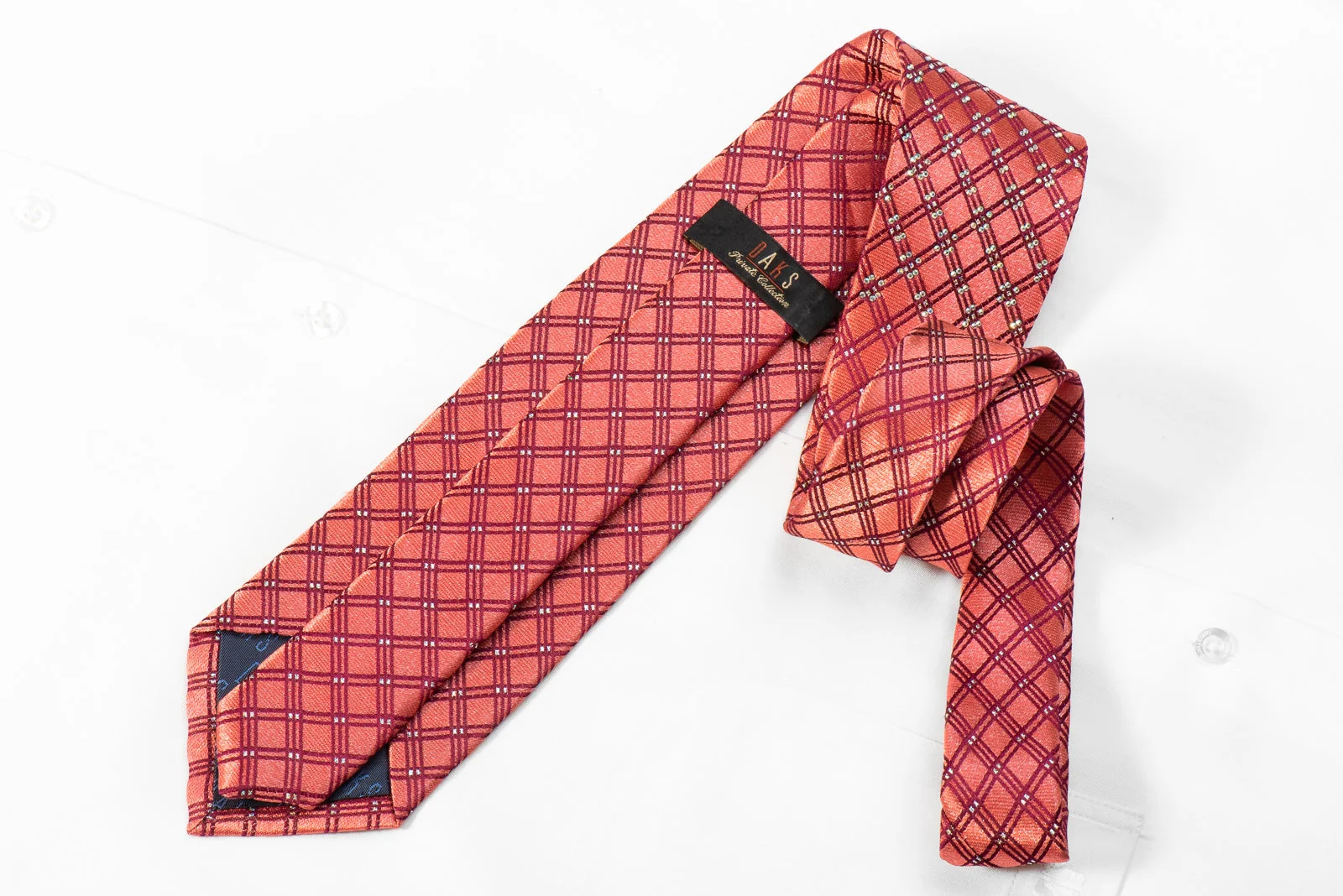 Daks Men's Crystal Silk Necktie Checkered On Pink With Silver Sparkles - Image 5