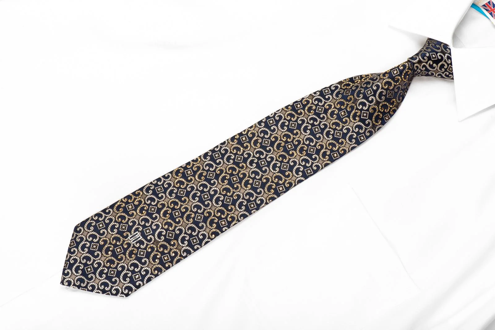 Men's Crystal Silk Necktie Golden Scrolls On Navy With Gold Studs - Image 2