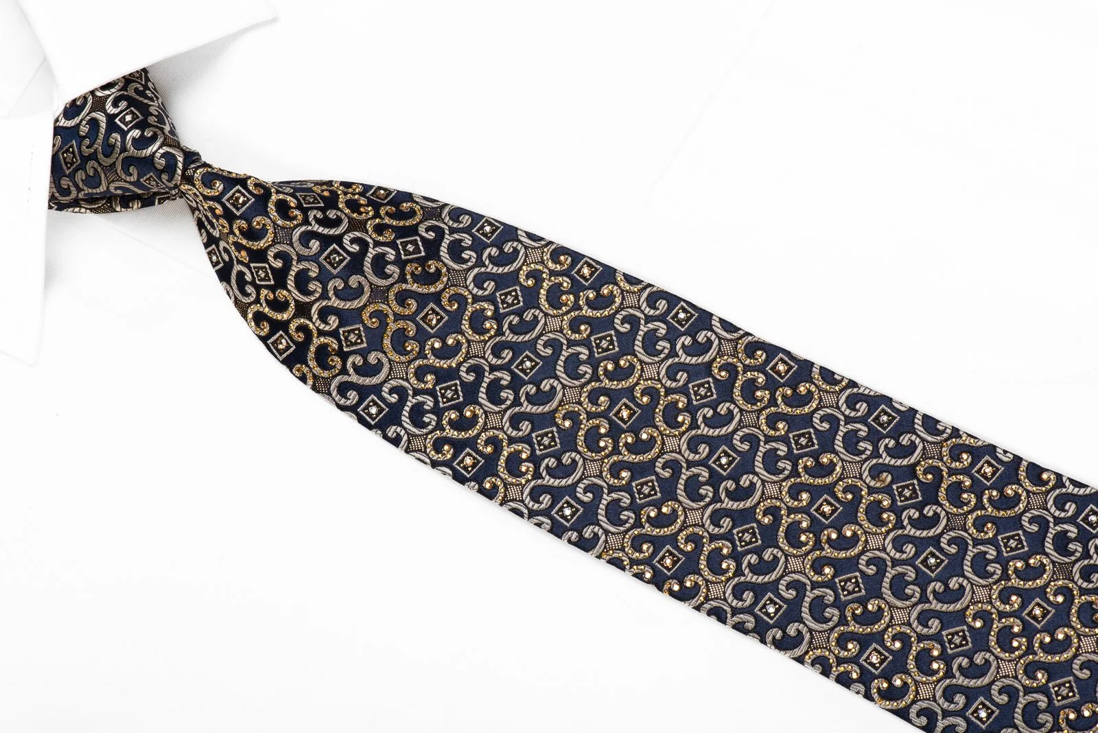 Men's Crystal Silk Necktie Golden Scrolls On Navy With Gold Studs - Image 3