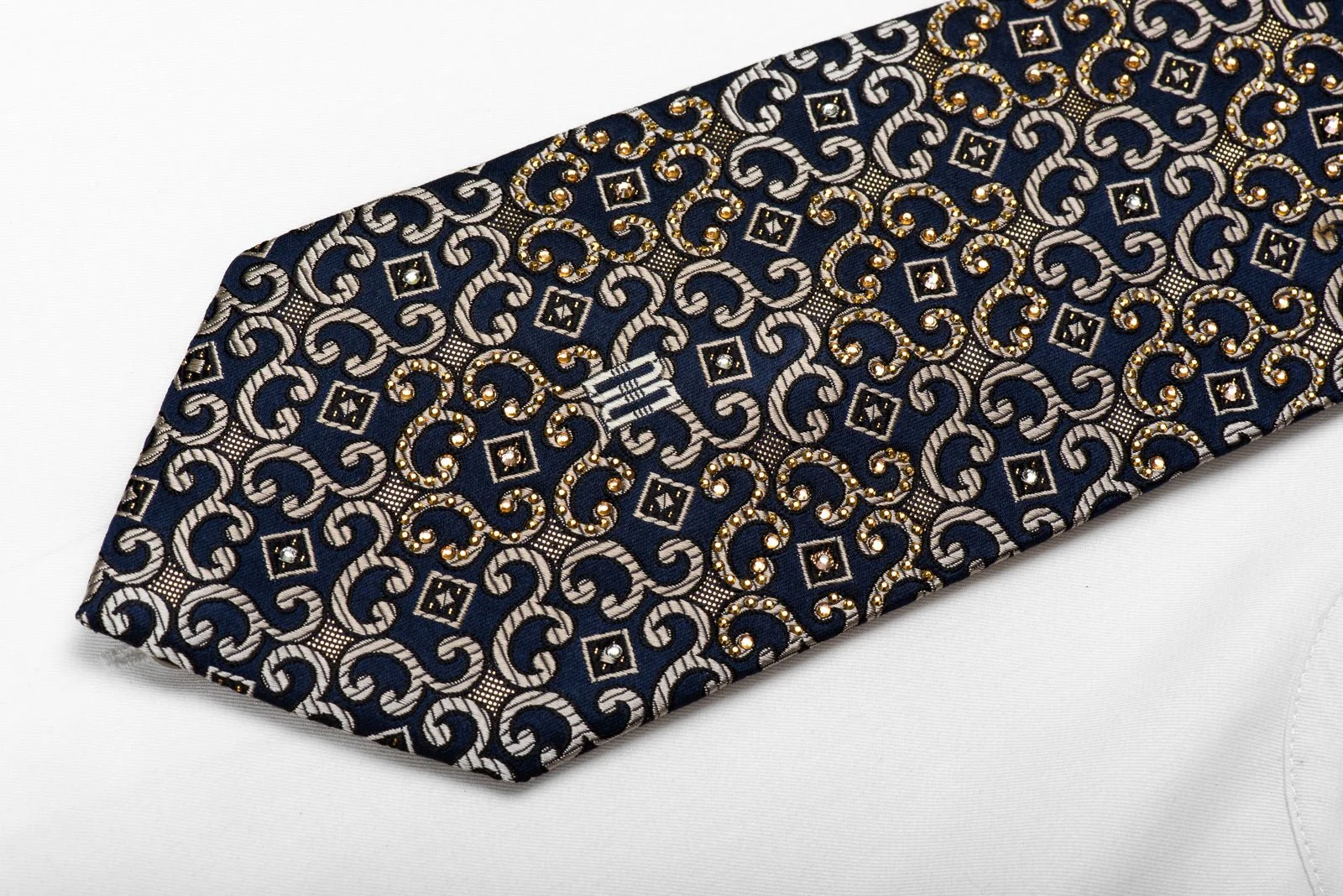 Men's Crystal Silk Necktie Golden Scrolls On Navy With Gold Studs - Image 4