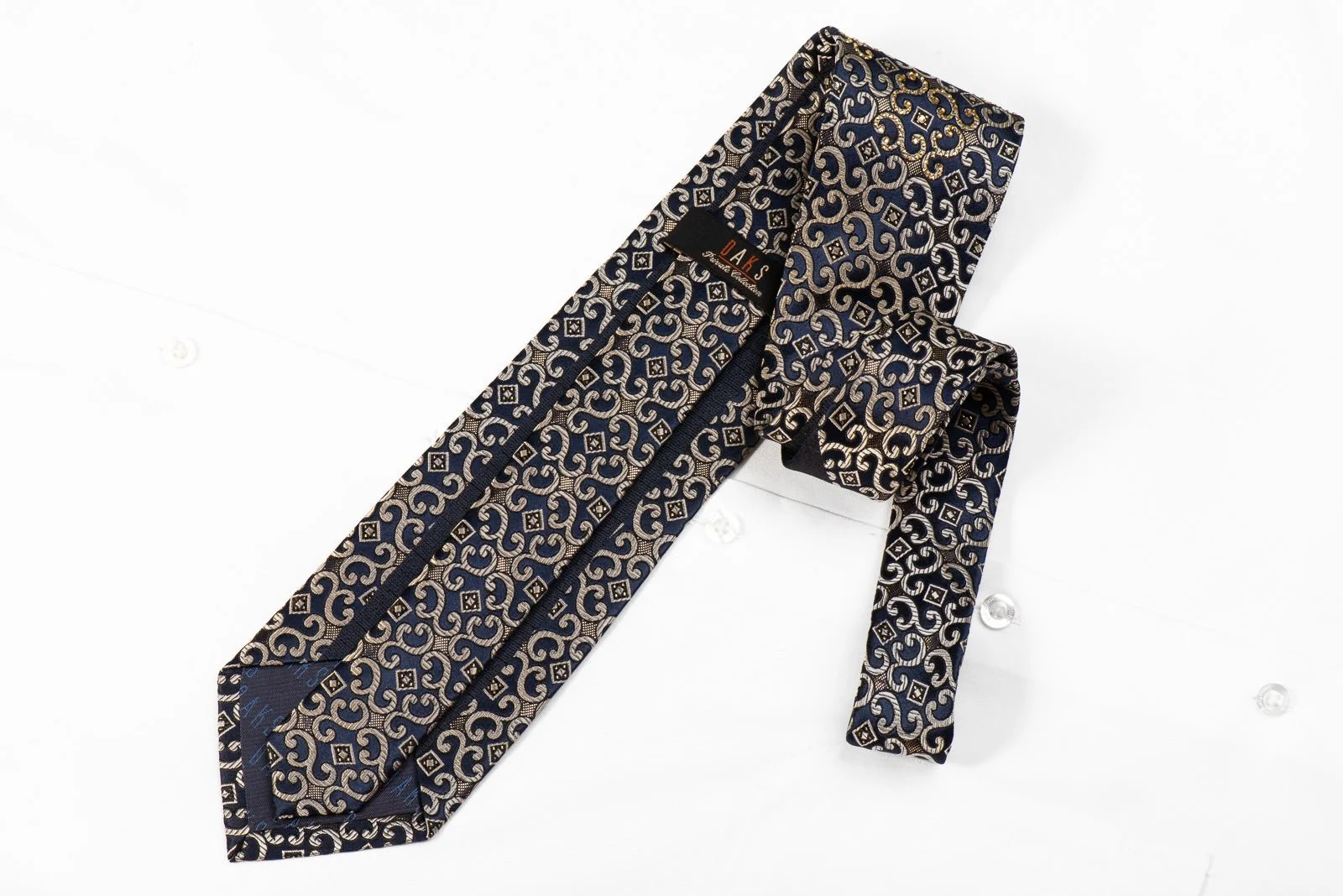 Men's Crystal Silk Necktie Golden Scrolls On Navy With Gold Studs - Image 5