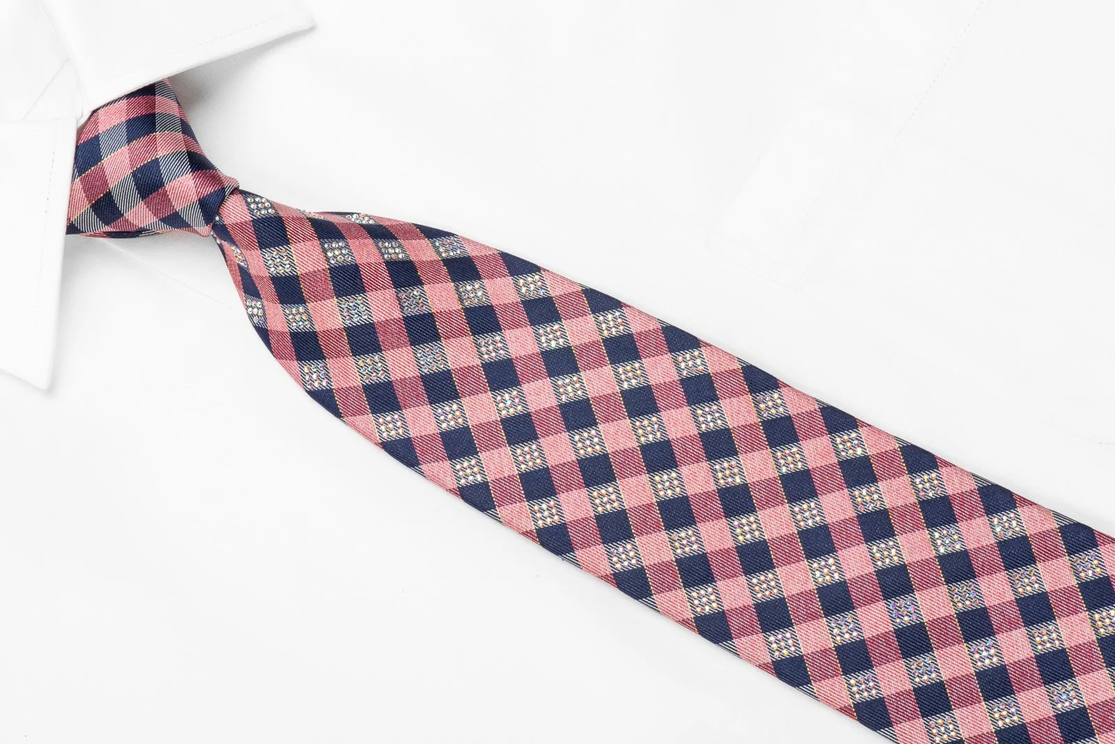 Daks Men's Crystal Silk Tie Blue Pink Plaid With Silver Sparkles - Image 2