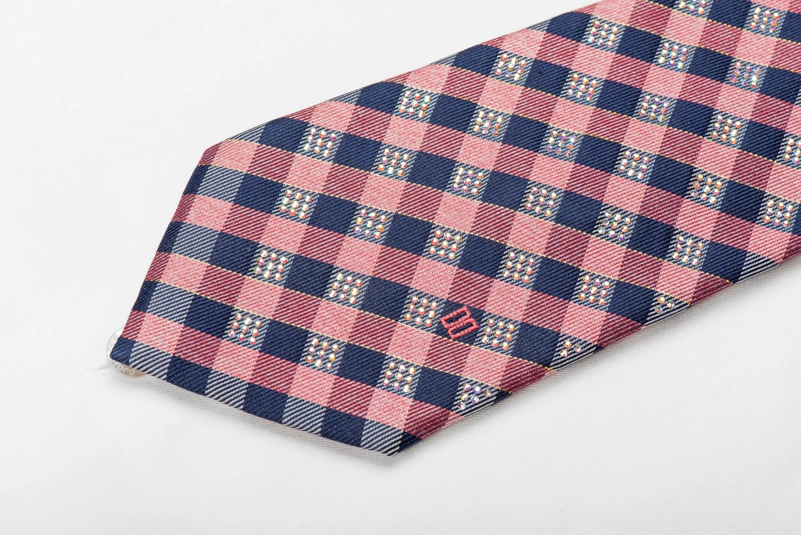Daks Men's Crystal Silk Tie Blue Pink Plaid With Silver Sparkles - Image 3