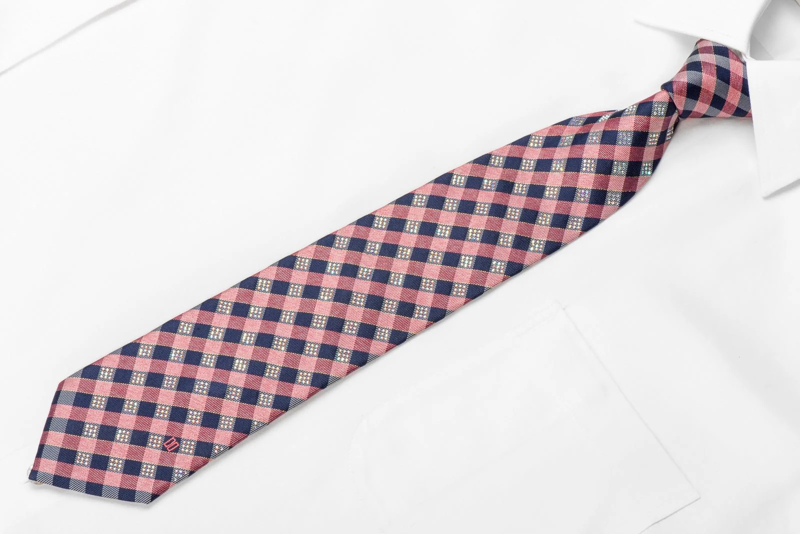 Daks Men's Crystal Silk Tie Blue Pink Plaid With Silver Sparkles - Image 4