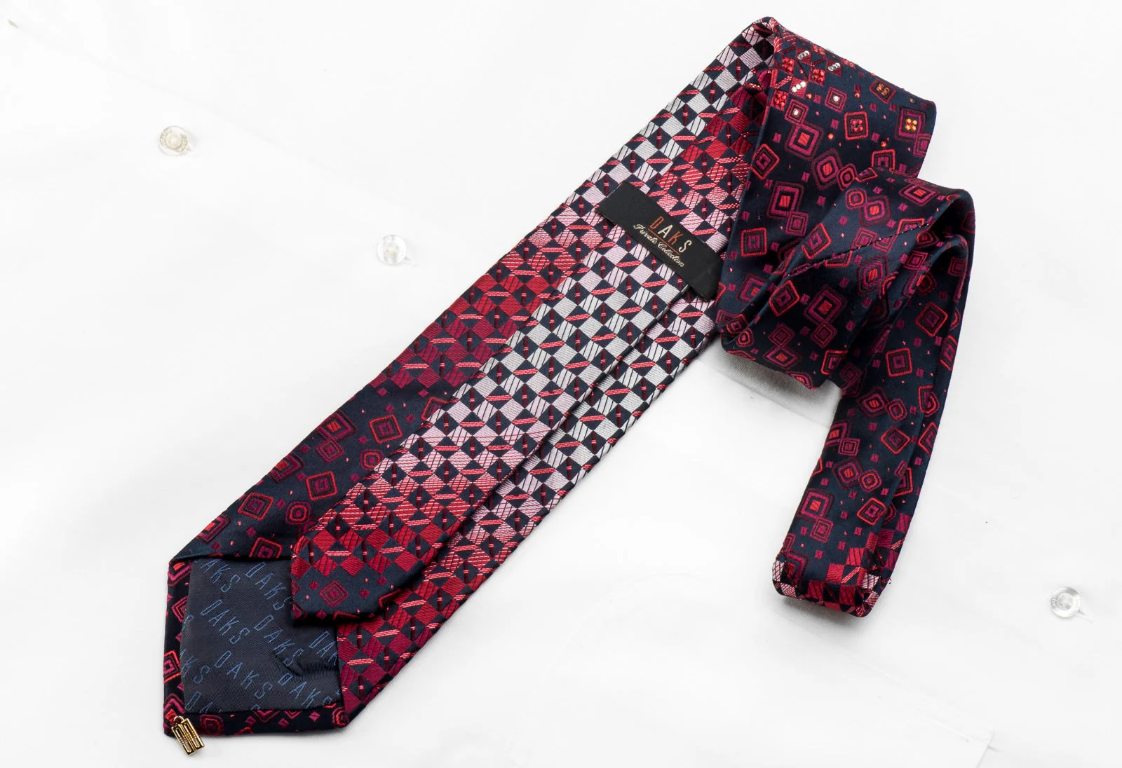 Daks Men's Crystal Silk Tie Red Checkered On Navy With Rhinestones & Red Sparkles - Image 5