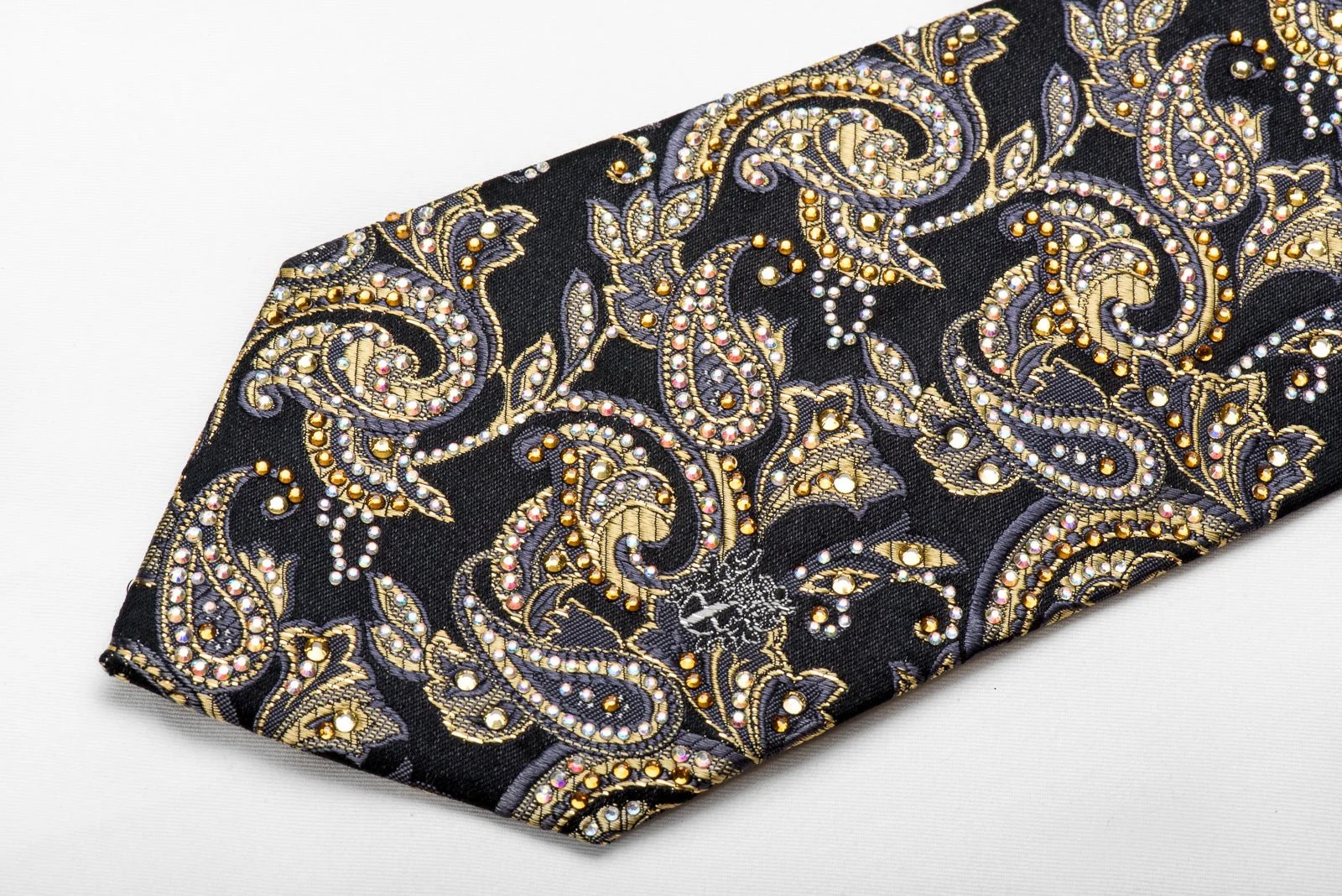 Men's Crystal Tie Gold Paisley Anthemion On Black With Gold Sparkles - Image 4