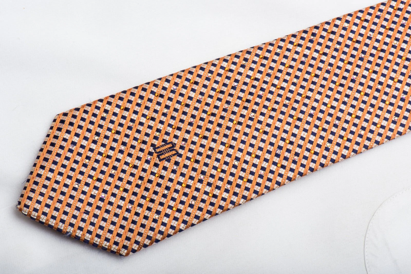 Orange Blue Striped Checker Rhinestone Tie With Silver Sparkles - Image 5