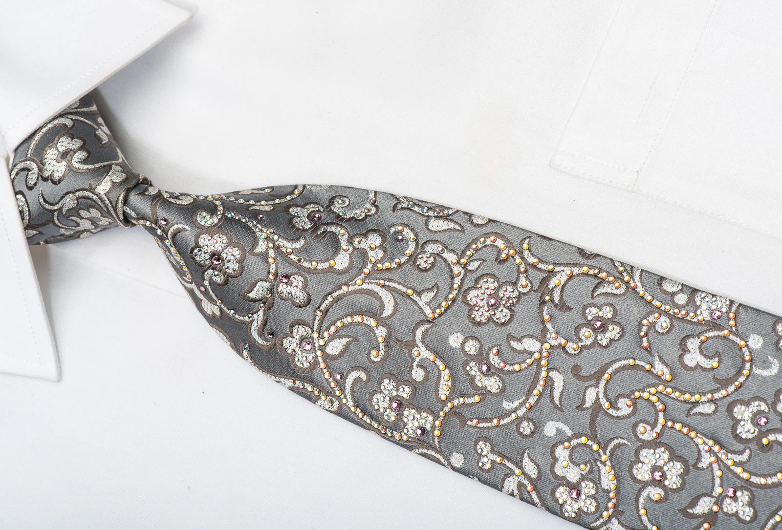 Daks Men's Rhinestone Silk Necktie Floral On Silver With Sparkles - Image 2