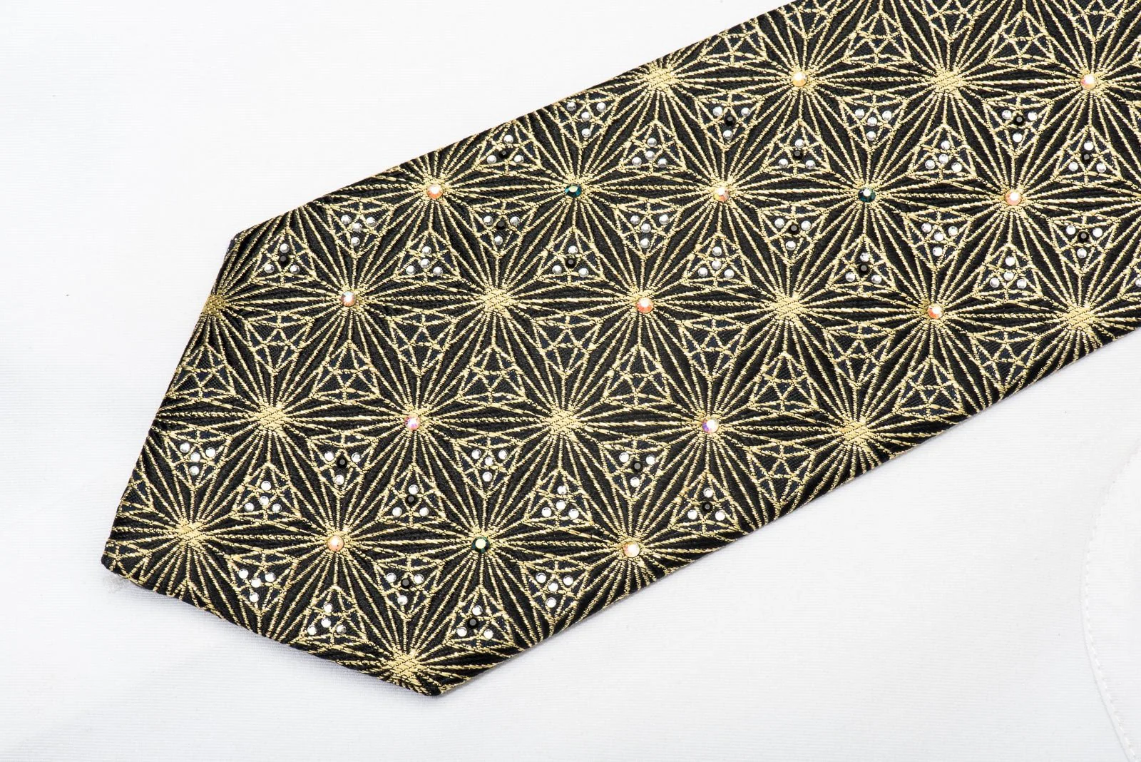 Daks Men's Rhinestone Silk Necktie Gold Trellis On Black With Gold Sparkles - Image 3