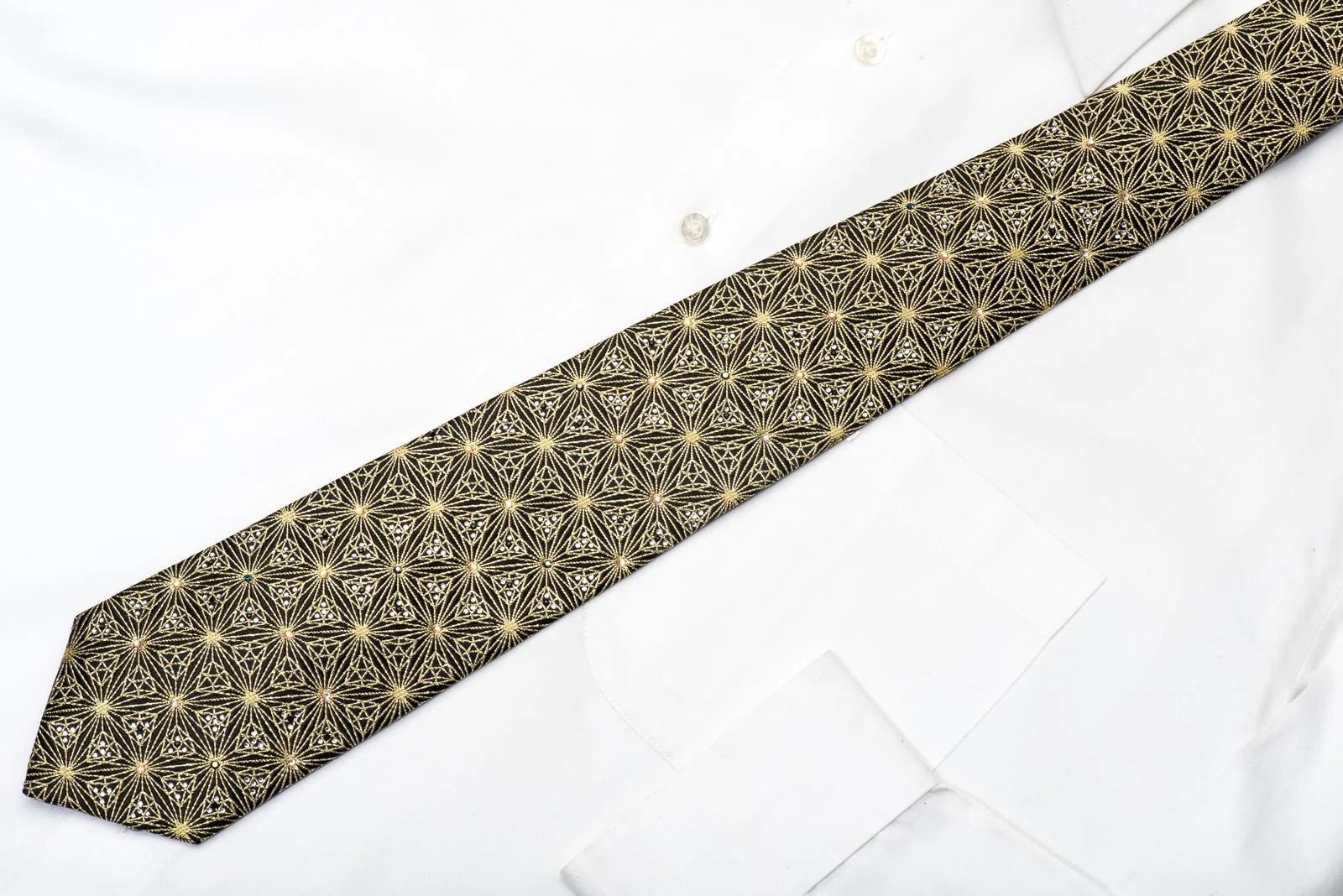 Daks Men's Rhinestone Silk Necktie Gold Trellis On Black With Gold Sparkles - Image 6