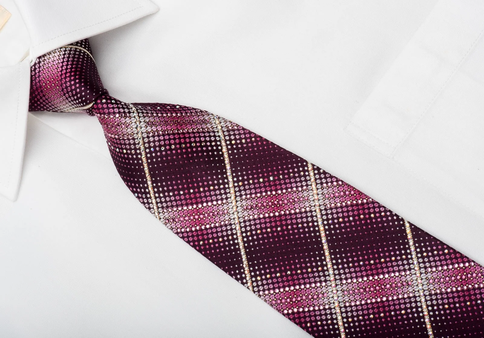 Daks Men's Rhinestone Silk Necktie Pink Dots & Stripes On Burgundy With Sparkles - Image 2