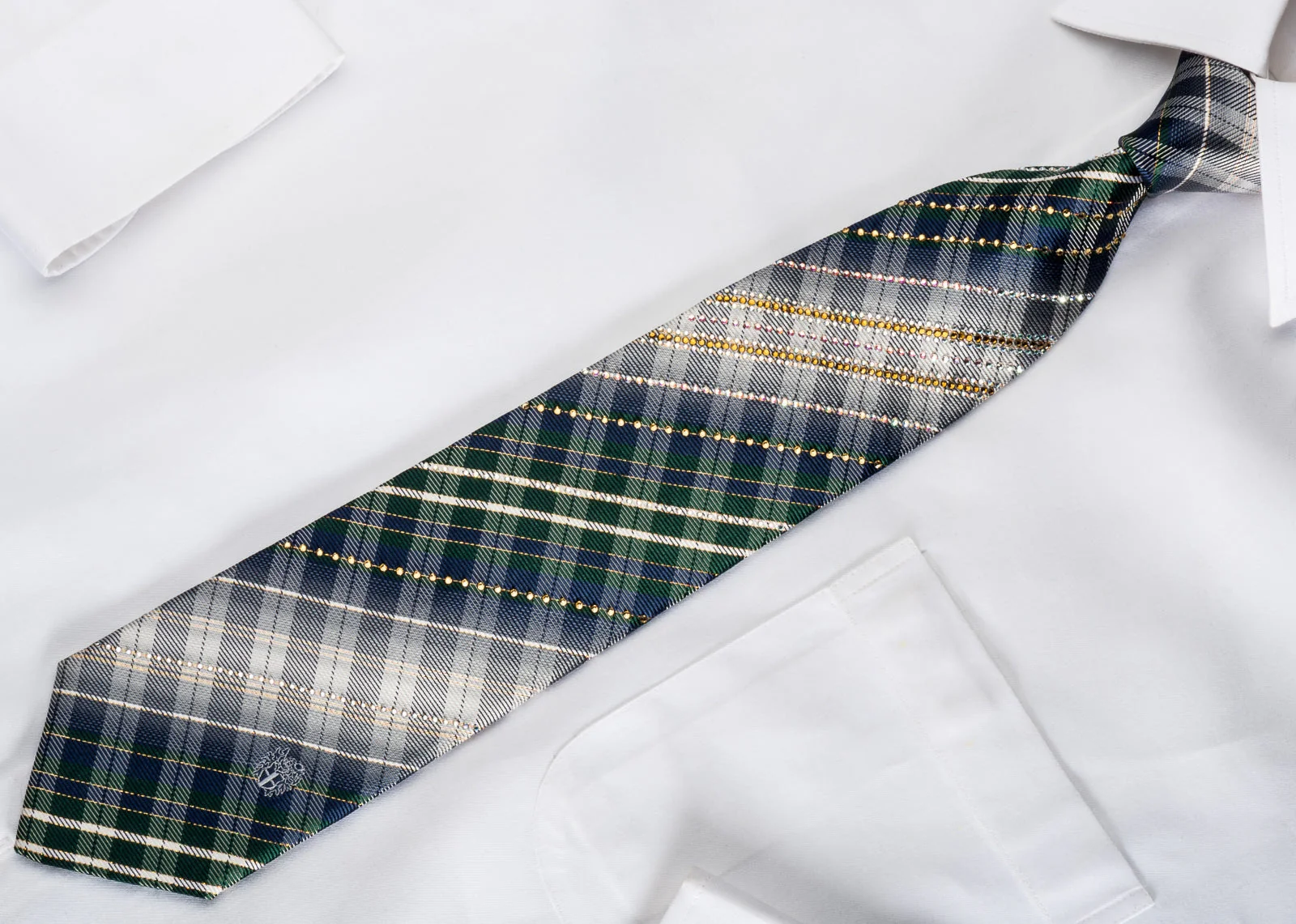 Daks Men's Rhinestone Silk Necktie Silver Green Plaid With Gold Sparkles - Image 4