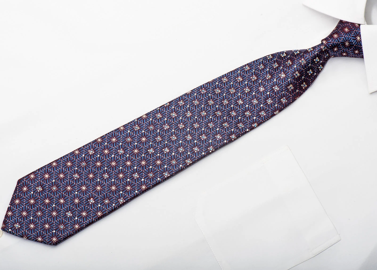 Daks Men's Silk Necktie Blue Geometric On Burgundy Sparkling With Rhinestones - Image 4