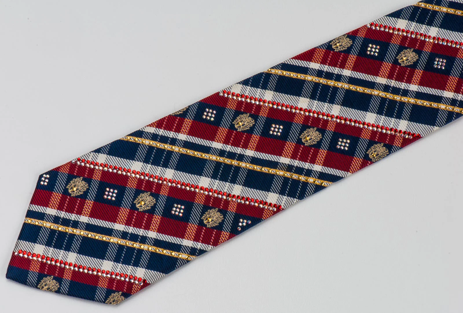 Daks Men's Silk NeckTie Burgundy Blue Stripes With Checks Sparkles & Rhinestones - Image 2