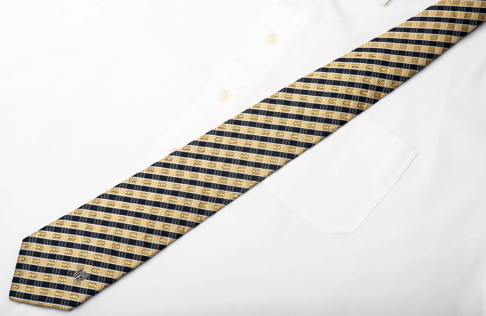 Daks Men's Silk Necktie Gold Navy Striped Sparkling With Rhinestones And Gold Sparkles - Image 6