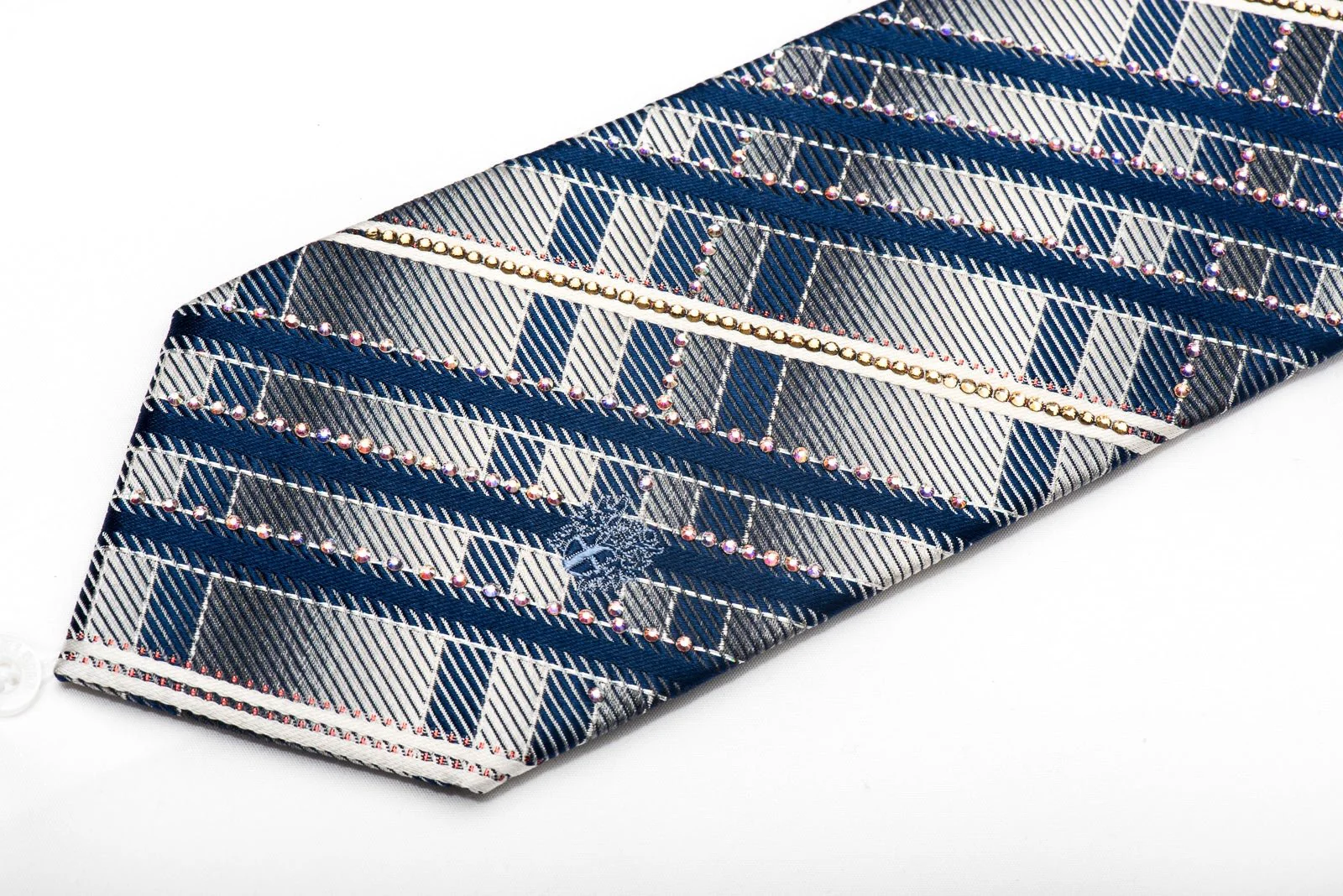 Silver Blue Striped Men's Silk Necktie With Silver Sparkles - Image 3