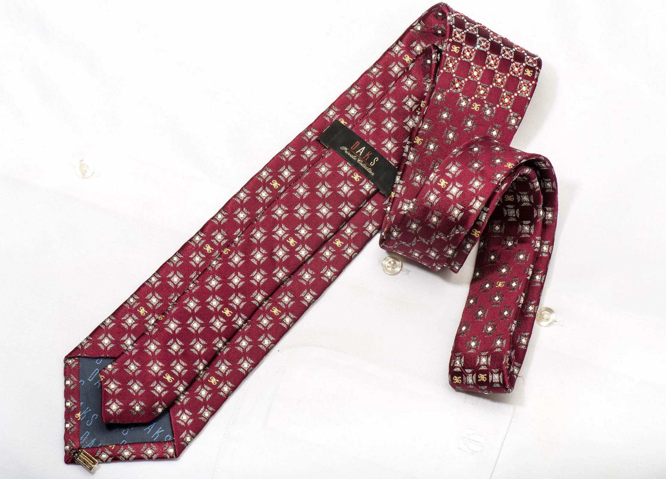 Daks Men's Silk Necktie Silver Burgundy Checkered Sparkling With Rhinestones - Image 6