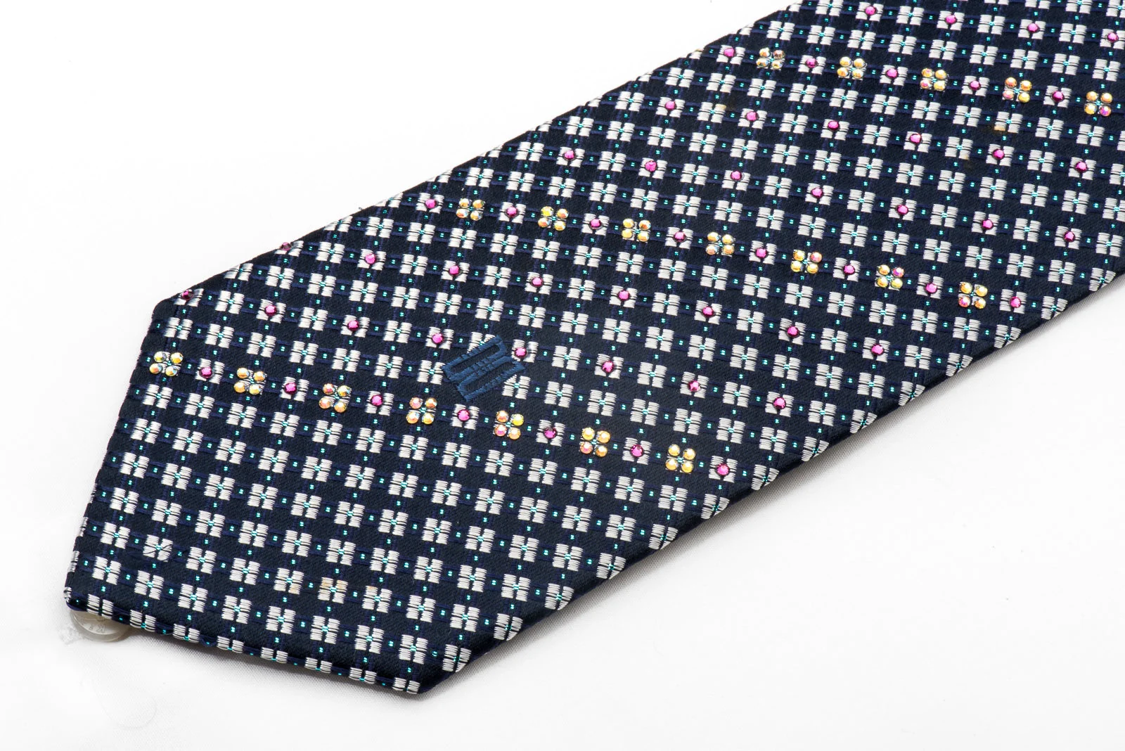 Daks Men's Silk Necktie Silver Checkered On Navy Sparkling With Rhinestones - Image 3