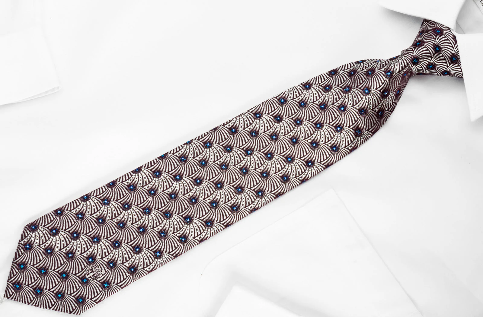 Men's Silk Necktie Silver Fans On Purple Sparkling With Rhinestones - Image 4