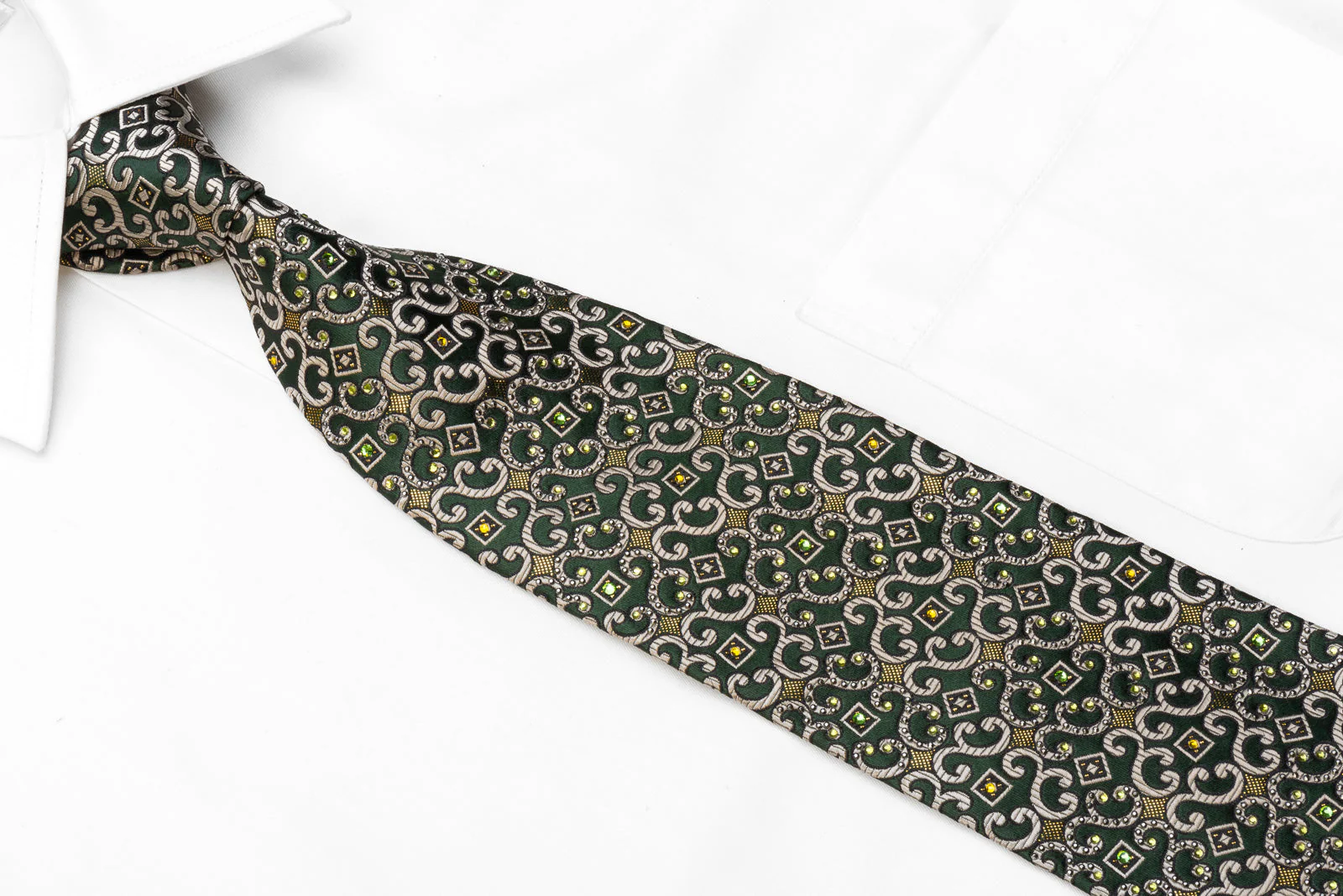 Men's Silk Necktie Silver Scrolls On Dark Green With Gold Sparkles - Image 2