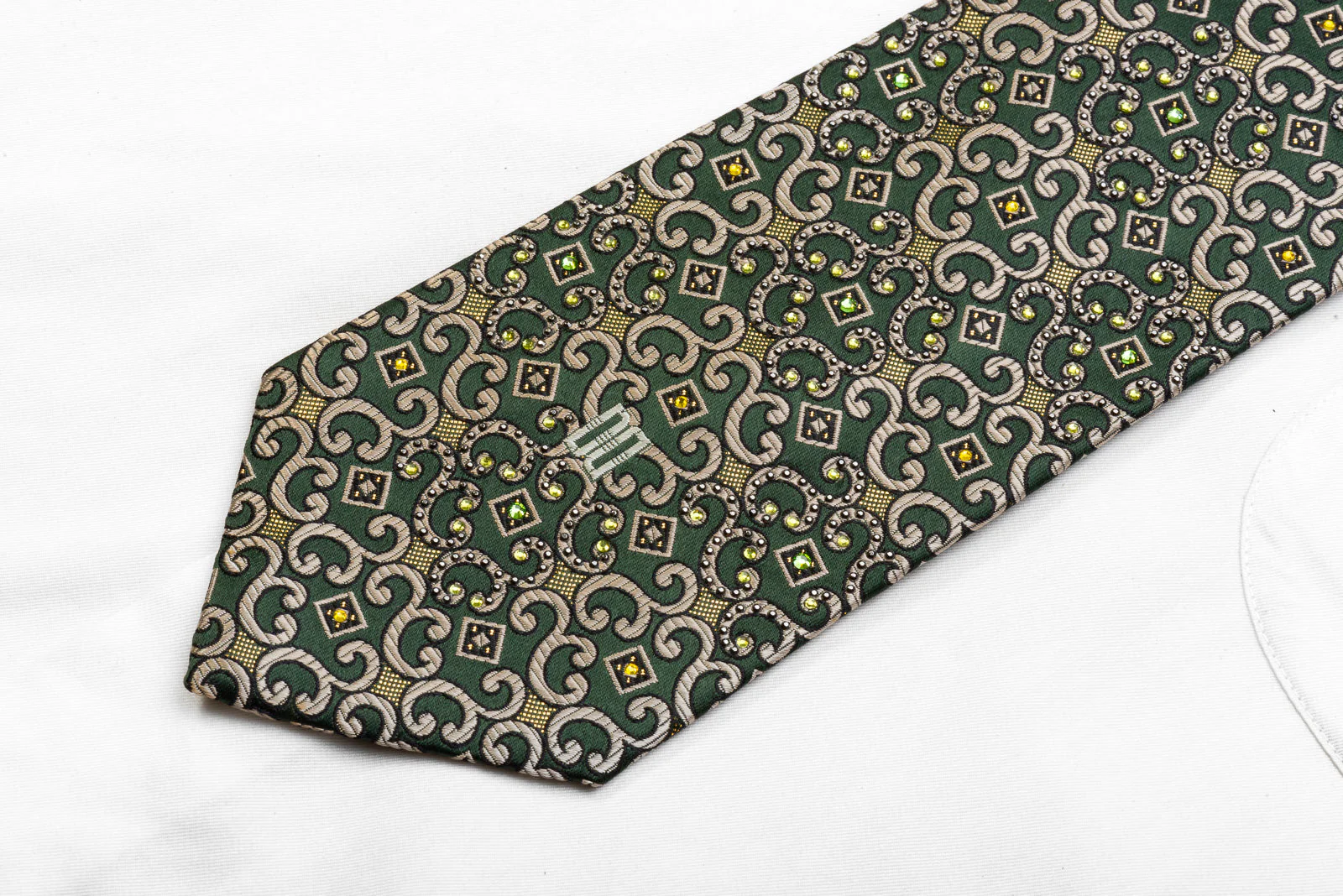 Men's Silk Necktie Silver Scrolls On Dark Green With Gold Sparkles - Image 3
