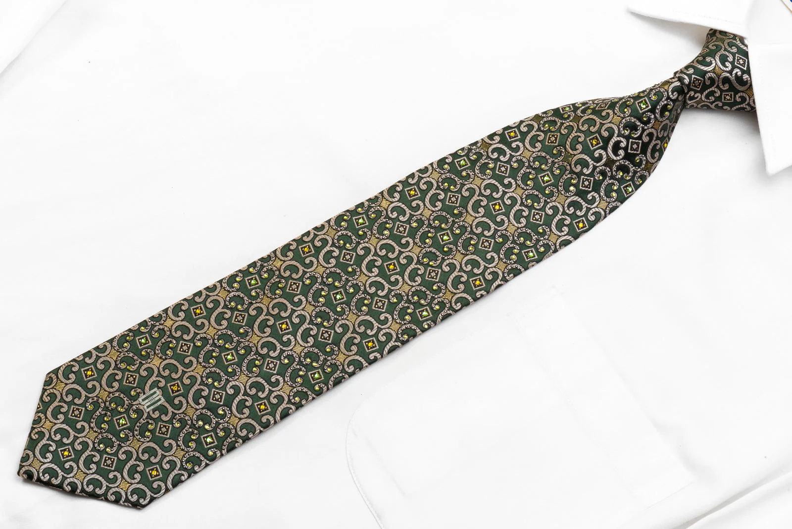 Men's Silk Necktie Silver Scrolls On Dark Green With Gold Sparkles - Image 4