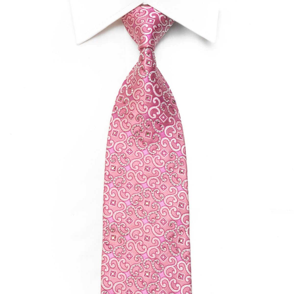 Scrolls On Pink Rhinestone Silk Necktie With Purple Sparkles