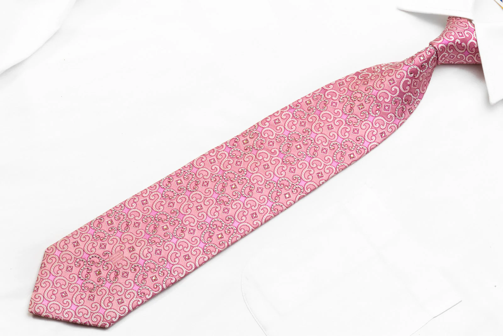 Scrolls On Pink Rhinestone Silk Necktie With Purple Sparkles - Image 4