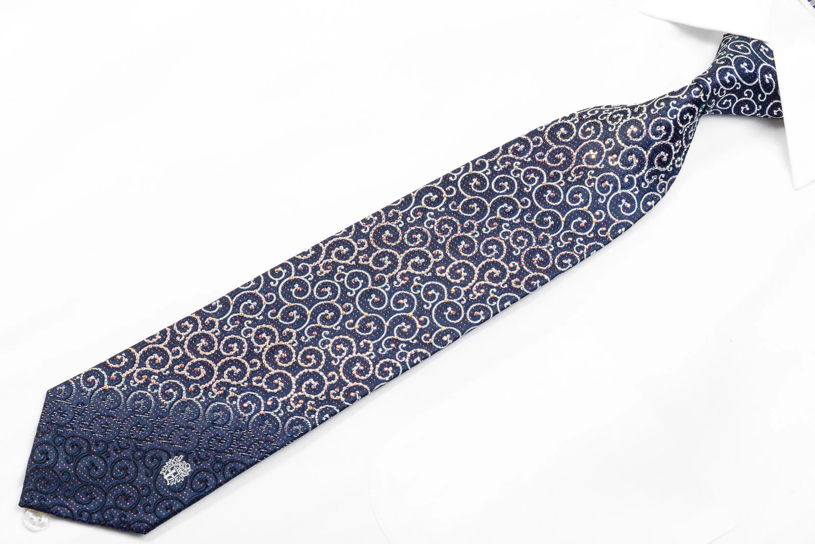 Daks Men's Silk Rhinestone Tie Silver Scrolls On Navy With Sparkles - Image 3