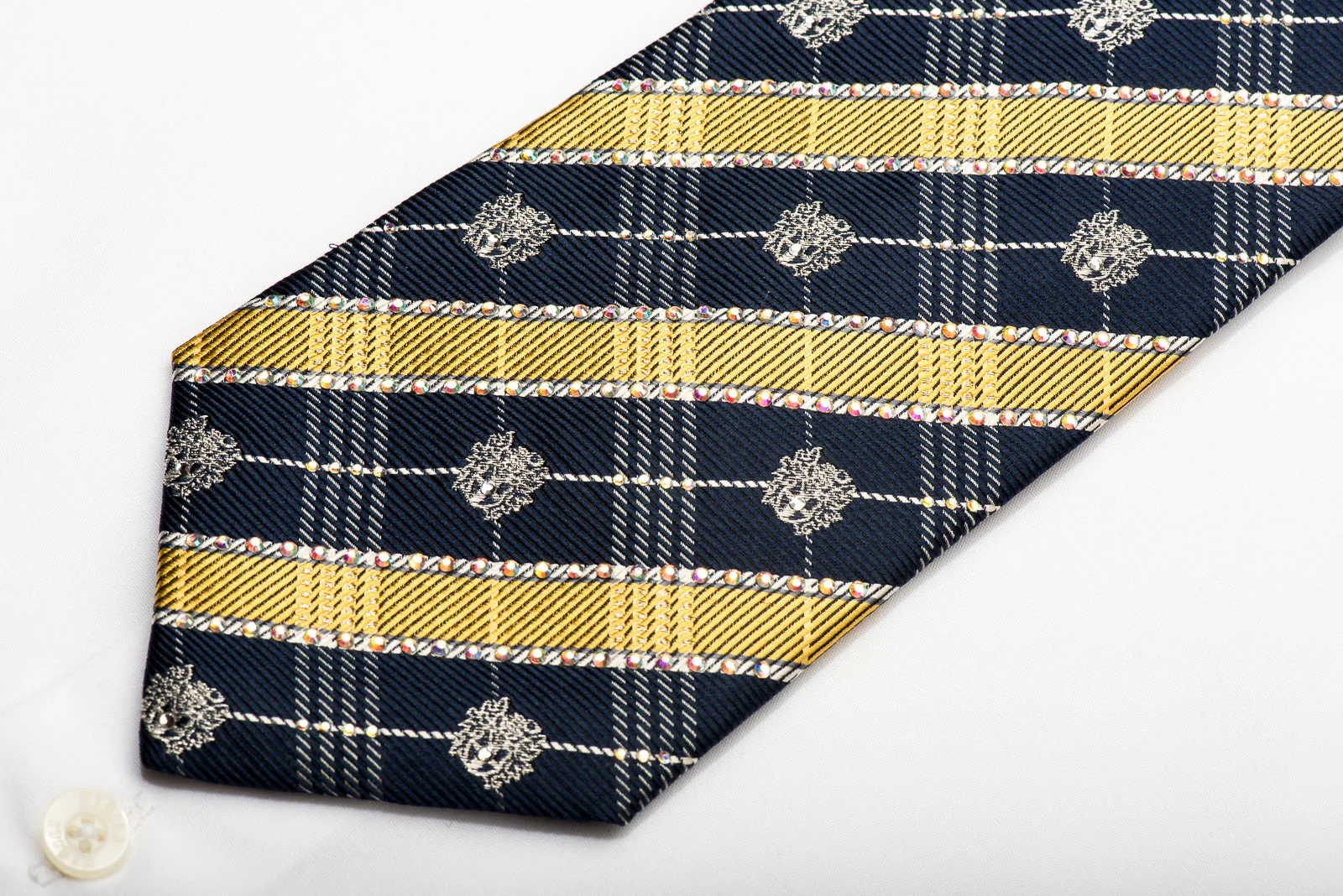 Daks Men's Silk Tie Gold Navy Silver Striped Sparkling With Crystal Rhinestones - Image 3