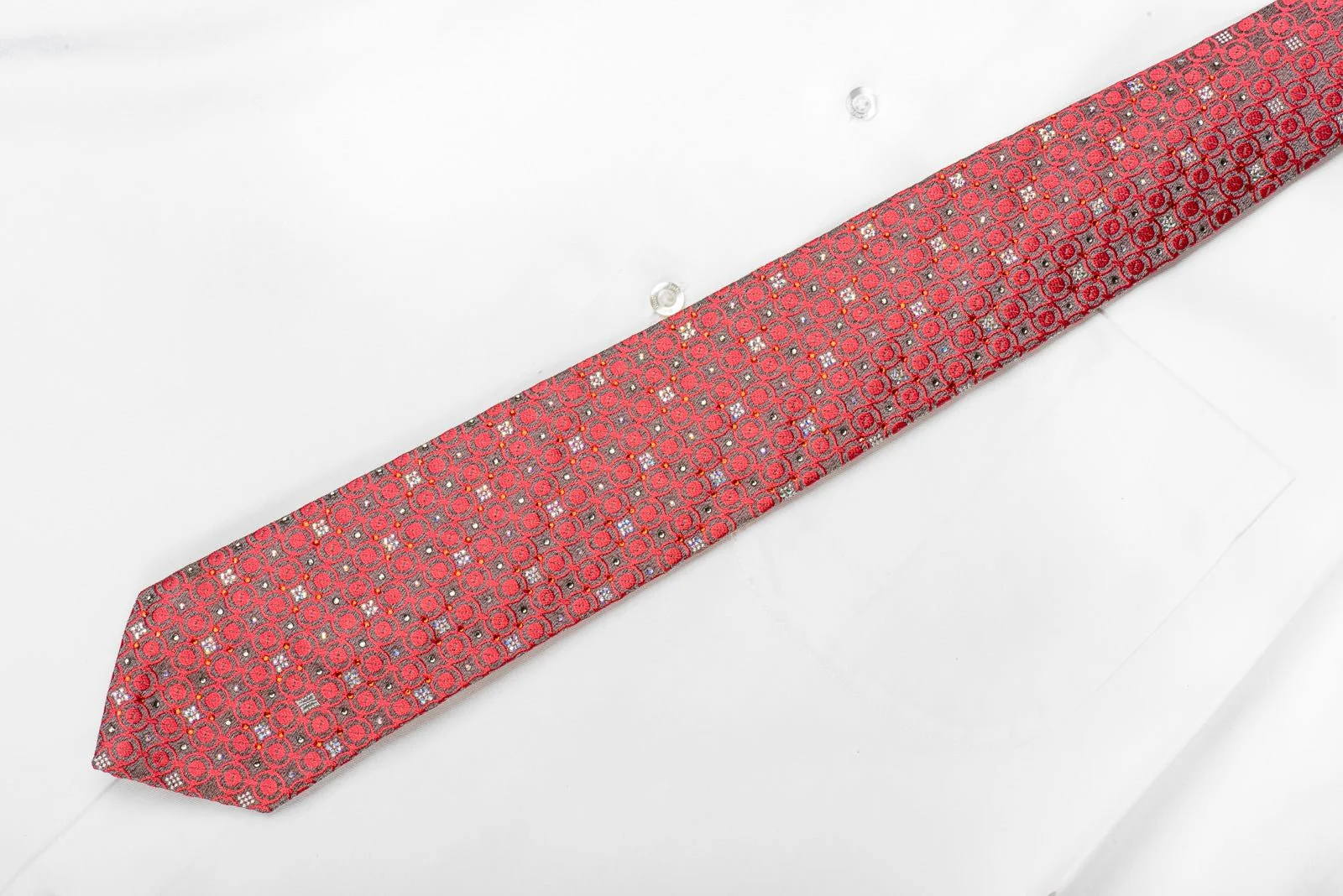 Daks Mens Crystal Silk Necktie Pink Geometric On Silver Sparkling With Rhinestones - Image 4
