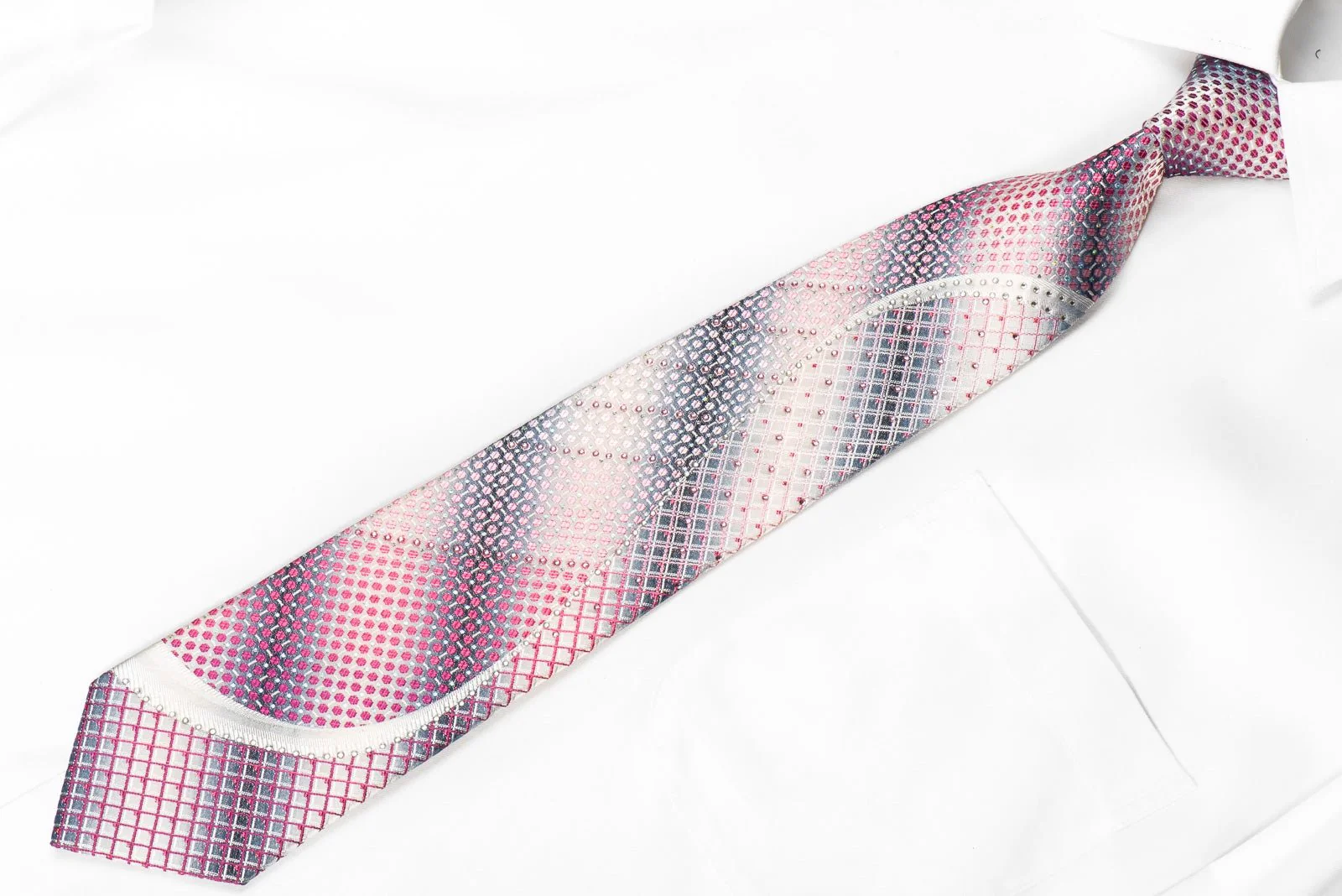 Daks Mens Crystal Silk Tie Purple Geometric & Waves On Silver With Sparkles - Image 2