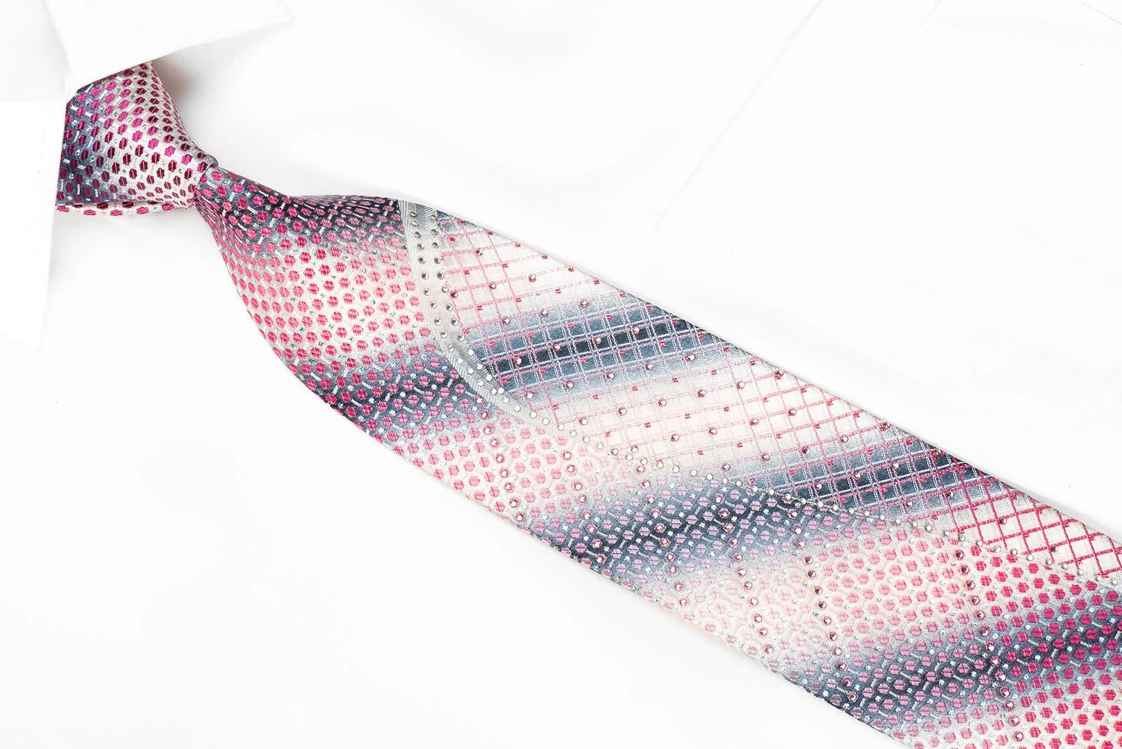 Daks Mens Crystal Silk Tie Purple Geometric & Waves On Silver With Sparkles - Image 3