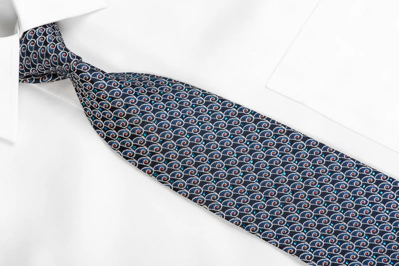 Silver Scrolls On Navy Mens Rhinestone Silk Necktie With Sparkles - Image 2