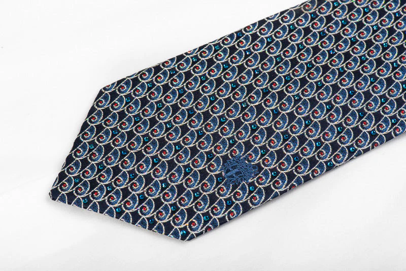 Silver Scrolls On Navy Mens Rhinestone Silk Necktie With Sparkles - Image 3