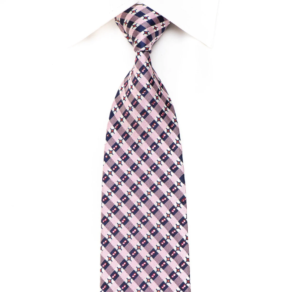 Daks Mens' Silk Crystal Necktie Pink Navy Checkered With red Sparkles